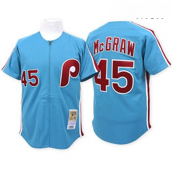 Mens Mitchell and Ness Philadelphia Phillies 45 Tug McGraw Authentic Blue Throwback MLB Jersey Mens Mitchell and Ness Philadelphia Phillies 45 Tug McGraw Authentic Blue Throwback MLB Jersey