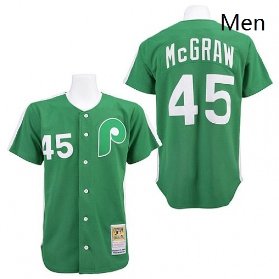 Mens Mitchell and Ness Philadelphia Phillies 45 Tug McGraw Authentic Green Throwback MLB Jersey Mens Mitchell and Ness Philadelphia Phillies 45 Tug McGraw Authentic Green Throwback MLB Jersey