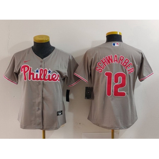 Women Philadelphia Phillies 12 Kyle Schwarber Grey Cool Base Stitched Baseball Jersey Women Philadelphia Phillies 12 Kyle Schwarber Grey Cool Base Stitched Baseball Jersey