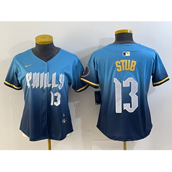 Women Philadelphia Phillies 13 Stub Blue 2024 City Connect Limited Stitched Baseball Jersey 2 Women Philadelphia Phillies 13 Stub Blue 2024 City Connect Limited Stitched Baseball Jersey 2