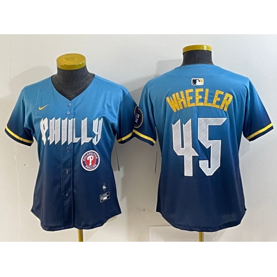 Women Philadelphia Phillies 45 Zack Wheeler Blue 2024 City Connect Limited Stitched Baseball Jersey 1 Women Philadelphia Phillies 45 Zack Wheeler Blue 2024 City Connect Limited Stitched Baseball Jersey 1