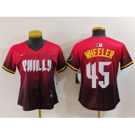 Women Philadelphia Phillies 45 Zack Wheeler Red 2024 City Connect Limited Stitched Baseball Jersey Women Philadelphia Phillies 45 Zack Wheeler Red 2024 City Connect Limited Stitched Baseball Jersey