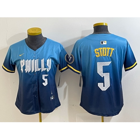 Women Philadelphia Phillies 5 Bryson Stott Blue 2024 City Connect Limited Stitched Baseball Jersey 6 Women Philadelphia Phillies 5 Bryson Stott Blue 2024 City Connect Limited Stitched Baseball Jersey 6