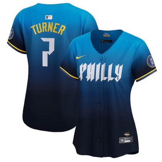 Women Philadelphia Phillies 7 Trea Turner Blue 2024 City Connect Limited Stitched Baseball Jersey Women Philadelphia Phillies 7 Trea Turner Blue 2024 City Connect Limited Stitched Baseball Jersey