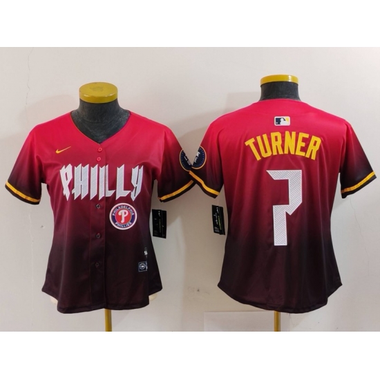 Women Philadelphia Phillies 7 Trea Turner Red 2024 City Connect Limited Stitched Baseball Jersey 2 Women Philadelphia Phillies 7 Trea Turner Red 2024 City Connect Limited Stitched Baseball Jersey 2