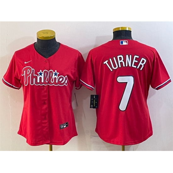 Women Philadelphia Phillies 7 Trea Turner Red Cool Base Stitched Baseball Jersey Women Philadelphia Phillies 7 Trea Turner Red Cool Base Stitched Baseball Jersey