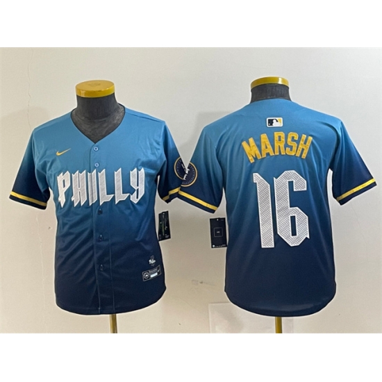 Youth Philadelphia Phillies 16 Brandon Marsh Blue 2024 City Connect Limited Stitched Baseball Jersey Youth Philadelphia Phillies 16 Brandon Marsh Blue 2024 City Connect Limited Stitched Baseball Jersey