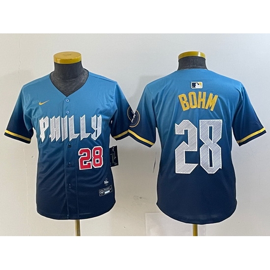 Youth Philadelphia Phillies 28 Alec Bohm Blue 2024 City Connect Limited Stitched Baseball Jersey 4 Youth Philadelphia Phillies 28 Alec Bohm Blue 2024 City Connect Limited Stitched Baseball Jersey 4