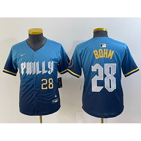 Youth Philadelphia Phillies 28 Alec Bohm Blue 2024 City Connect Limited Stitched Baseball Jersey 5 Youth Philadelphia Phillies 28 Alec Bohm Blue 2024 City Connect Limited Stitched Baseball Jersey 5