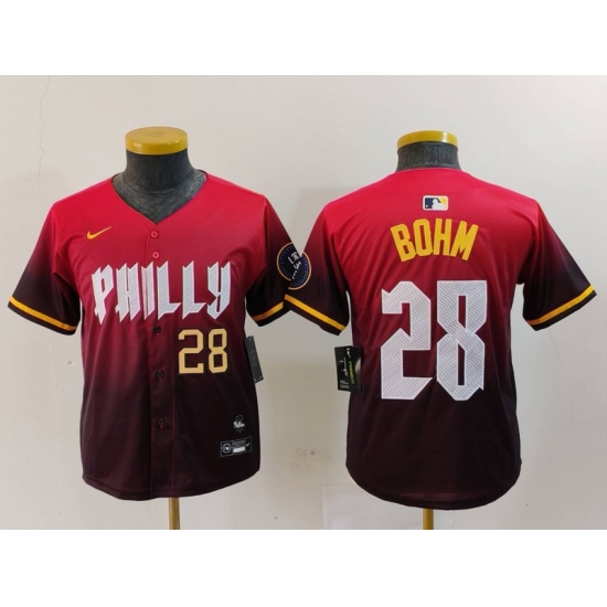 Youth Philadelphia Phillies 28 Alec Bohm Red 2024 City Connect Limited Stitched Baseball Jersey 2 Youth Philadelphia Phillies 28 Alec Bohm Red 2024 City Connect Limited Stitched Baseball Jersey 2