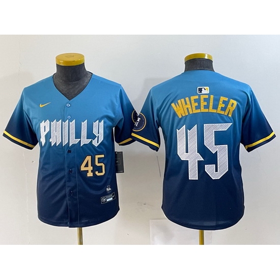Youth Philadelphia Phillies 45 Zack Wheeler Blue 2024 City Connect Limited Stitched Baseball Jersey 4 Youth Philadelphia Phillies 45 Zack Wheeler Blue 2024 City Connect Limited Stitched Baseball Jersey 4
