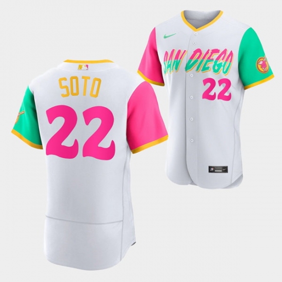 Men San Diego Padres 22 Juan Soto 2022 White City Connect Flex Base Stitched Baseball Jersey Men San Diego Padres 22 Juan Soto 2022 White City Connect Flex Base Stitched Baseball Jersey