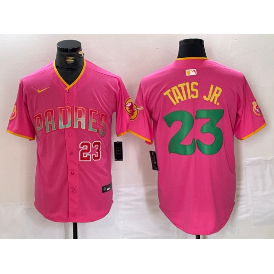 Men San Diego Padres 23 Fernando Tatis Jr Pink Cool Base Stitched Baseball Jersey 1 Men San Diego Padres 23 Fernando Tatis Jr Pink Cool Base Stitched Baseball Jersey 1