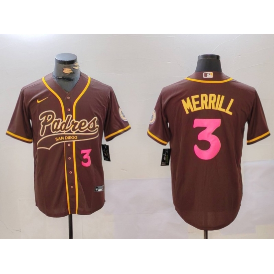 Men San Diego Padres 3 Jackson Merrill Brown Cool Base Stitched Baseball Jersey 2 Men San Diego Padres 3 Jackson Merrill Brown Cool Base Stitched Baseball Jersey 2