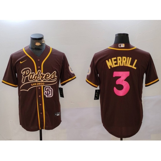 Men San Diego Padres 3 Jackson Merrill Brown Cool Base Stitched Baseball Jersey 9 Men San Diego Padres 3 Jackson Merrill Brown Cool Base Stitched Baseball Jersey 9