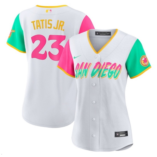 Women San Diego Padres 23 Fernando Tatis Jr 2022 White City Connect Cool Base Stitched Baseball Jersey Women San Diego Padres 23 Fernando Tatis Jr 2022 White City Connect Cool Base Stitched Baseball Jersey