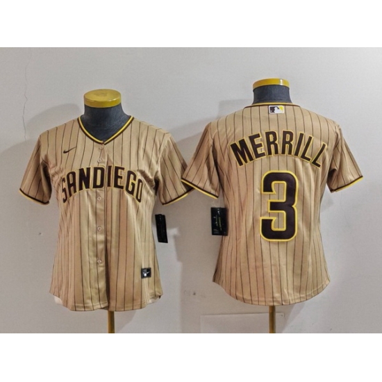 Women San Diego Padres 3 Jackson Merrill Tan Stitched Baseball Jersey 3 Women San Diego Padres 3 Jackson Merrill Tan Stitched Baseball Jersey 3