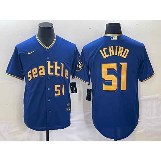 Men's Seattle Mariners #51 Ichiro Suzuki Number Blue 2023 City Connect Cool Base Stitched Jersey Men's Seattle Mariners #51 Ichiro Suzuki Number Blue 2023 City Connect Cool Base Stitched Jersey