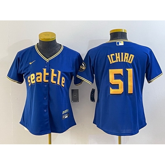 Women Seattle Mariners 51 Ichiro Suzuki Royal 2023 City Connect Stitched Baseball Jersey Women Seattle Mariners 51 Ichiro Suzuki Royal 2023 City Connect Stitched Baseball Jersey