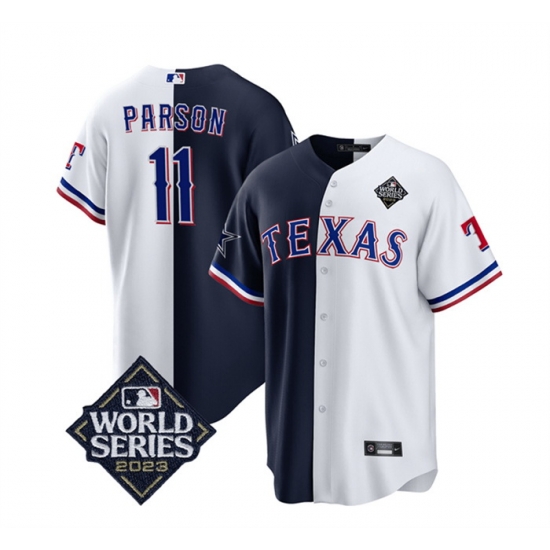 Men Texas Rangers 26 Cowboys 11 Micah Parsons Navy White Splite 2023 World Series Splite Stitched Baseball Jersey Men Texas Rangers 26 Cowboys 11 Micah Parsons Navy White Splite 2023 World Series Splite Stitched Baseball Jersey