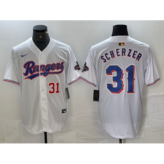 Men Texas Rangers 31 Max Scherzer White Gold Cool Base Stitched Baseball Jersey 6 Men Texas Rangers 31 Max Scherzer White Gold Cool Base Stitched Baseball Jersey 6