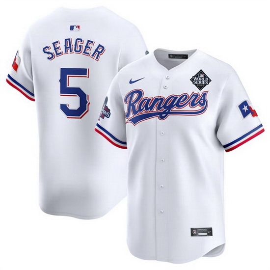 Men Texas Rangers 5 Corey Seager White 2023 World Series Patch And Champions Patch Stitched Baseball Jersey Men Texas Rangers 5 Corey Seager White 2023 World Series Patch And Champions Patch Stitched Baseball Jersey