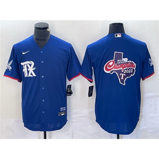 Men Texas Rangers Royal 2023 World Series Champions Big Logo Cool Base Stitched Baseball JerseyS