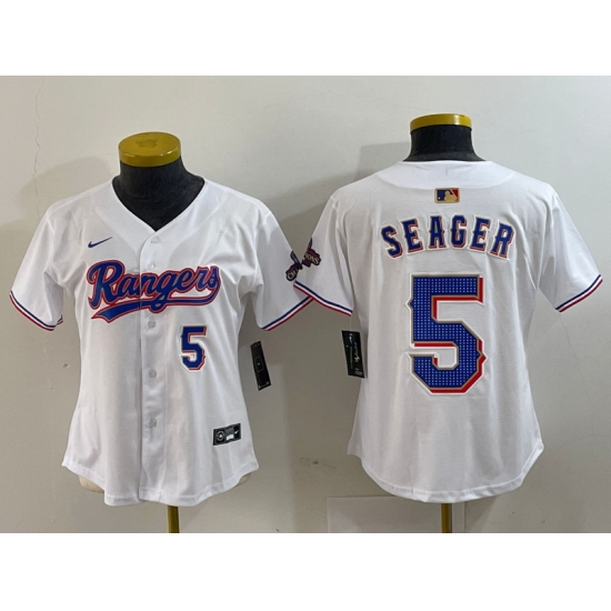 Women Texas Rangers 5 Corey Seager White Gold Stitched Baseball Jersey 6 Women Texas Rangers 5 Corey Seager White Gold Stitched Baseball Jersey 6