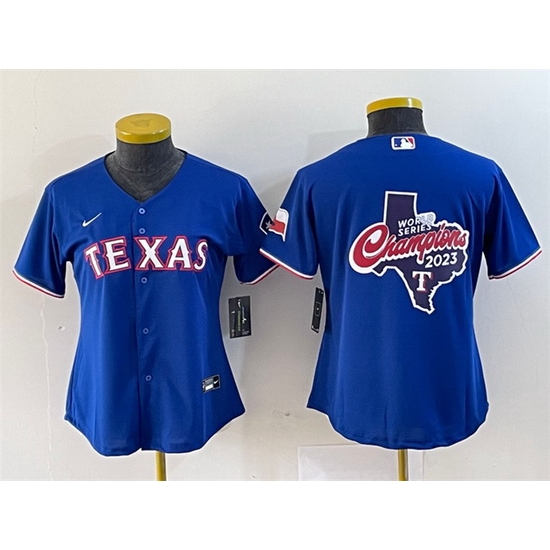 Women Texas Rangers Royal 2023 World Series Champions Big Logo With Patch Stitched Baseball Jersey 28Run Small 29 Women Texas Rangers Royal 2023 World Series Champions Big Logo With Patch Stitched Baseball Jersey 28Run Small 29