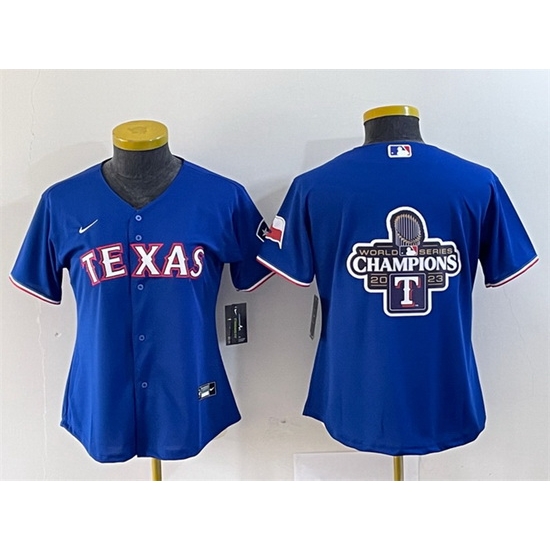 Women Texas Rangers Royal 2023 World Series Champions Big Logo With Patch Stitched Baseball Jersey 28Run Small 29s Women Texas Rangers Royal 2023 World Series Champions Big Logo With Patch Stitched Baseball Jersey 28Run Small 29s