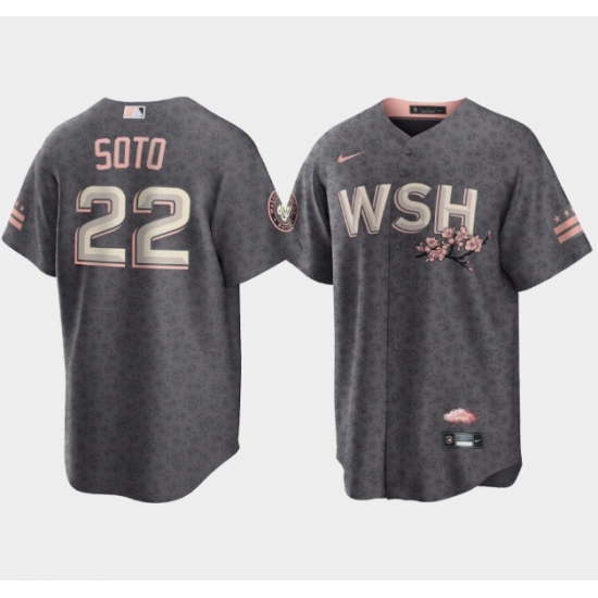 Men Washington Nationals 22 Juan Soto 2022 Grey City Connect Cherry Blossom Cool Base Stitched jersey Men Washington Nationals 22 Juan Soto 2022 Grey City Connect Cherry Blossom Cool Base Stitched jersey