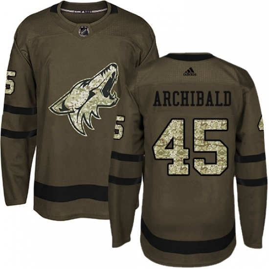 Mens Adidas Arizona Coyotes 45 Josh Archibald Authentic Green Salute to Service NHL Jersey Mens Adidas Arizona Coyotes 45 Josh Archibald Authentic Green Salute to Service NHL Jersey