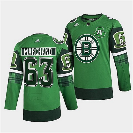 Men Boston Bruins 63 Brad Marchand 2022 Green St Patricks Day Warm Up Stitched jersey Men Boston Bruins 63 Brad Marchand 2022 Green St Patricks Day Warm Up Stitched jersey