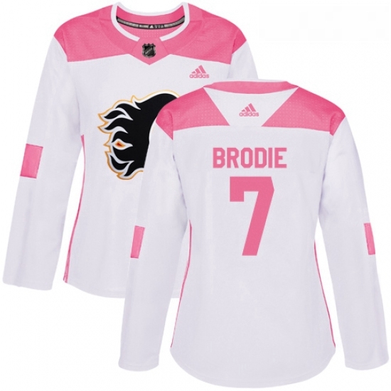 Womens Adidas Calgary Flames 7 TJ Brodie Authentic WhitePink Fashion NHL Jersey Womens Adidas Calgary Flames 7 TJ Brodie Authentic WhitePink Fashion NHL Jersey