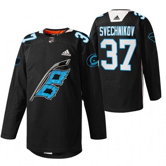 Men Carolina Hurricanes 37 Andrei Svechnikov 2022 Black Warm Up Stitched Jersey Men Carolina Hurricanes 37 Andrei Svechnikov 2022 Black Warm Up Stitched Jersey