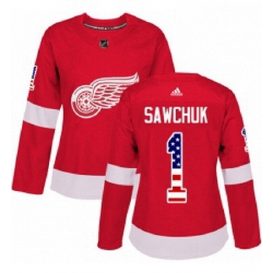 Womens Adidas Detroit Red Wings 1 Terry Sawchuk Authentic Red USA Flag Fashion NHL Jersey Womens Adidas Detroit Red Wings 1 Terry Sawchuk Authentic Red USA Flag Fashion NHL Jersey