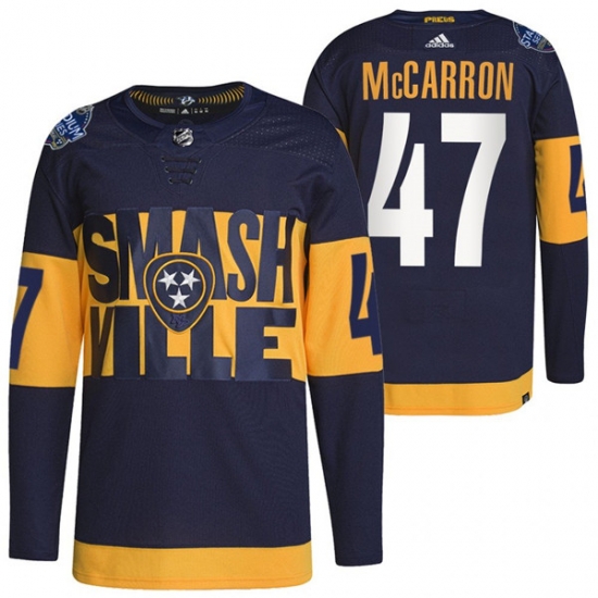 Men Nashville Predators 47 Michael Mccarron 2022 Navy Stadium Series Breakaway Player Stitched Jersey Men Nashville Predators 47 Michael Mccarron 2022 Navy Stadium Series Breakaway Player Stitched Jersey