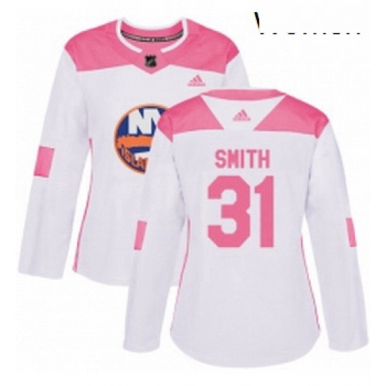 Womens Adidas New York Islanders 31 Billy Smith Authentic WhitePink Fashion NHL Jersey Womens Adidas New York Islanders 31 Billy Smith Authentic WhitePink Fashion NHL Jersey