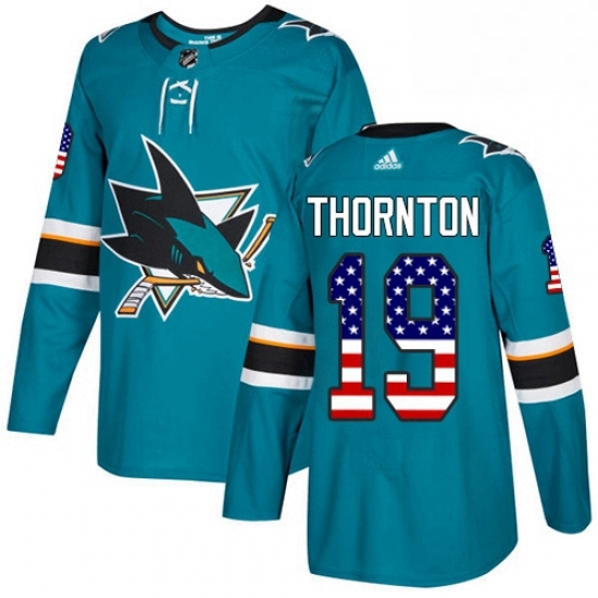 Mens Adidas San Jose Sharks 19 Joe Thornton Authentic Teal Green USA Flag Fashion NHL Jersey Mens Adidas San Jose Sharks 19 Joe Thornton Authentic Teal Green USA Flag Fashion NHL Jersey