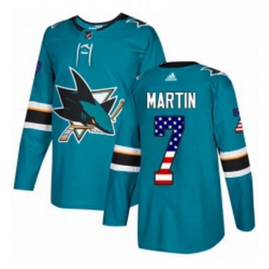 Mens Adidas San Jose Sharks 7 Paul Martin Authentic Teal Green USA Flag Fashion NHL Jersey Mens Adidas San Jose Sharks 7 Paul Martin Authentic Teal Green USA Flag Fashion NHL Jersey