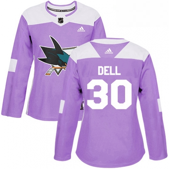 Womens Adidas San Jose Sharks 30 Aaron Dell Authentic Purple Fights Cancer Practice NHL Jersey 