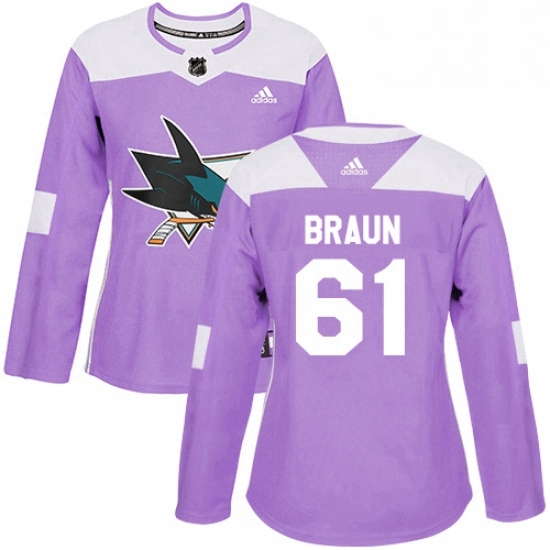 Womens Adidas San Jose Sharks 61 Justin Braun Authentic Purple Fights Cancer Practice NHL Jersey Womens Adidas San Jose Sharks 61 Justin Braun Authentic Purple Fights Cancer Practice NHL Jersey