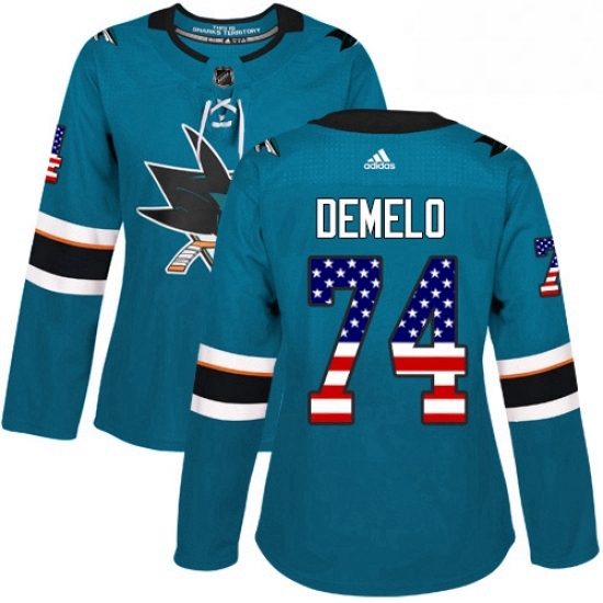 Womens Adidas San Jose Sharks 74 Dylan DeMelo Authentic Teal Green USA Flag Fashion NHL Jersey Womens Adidas San Jose Sharks 74 Dylan DeMelo Authentic Teal Green USA Flag Fashion NHL Jersey