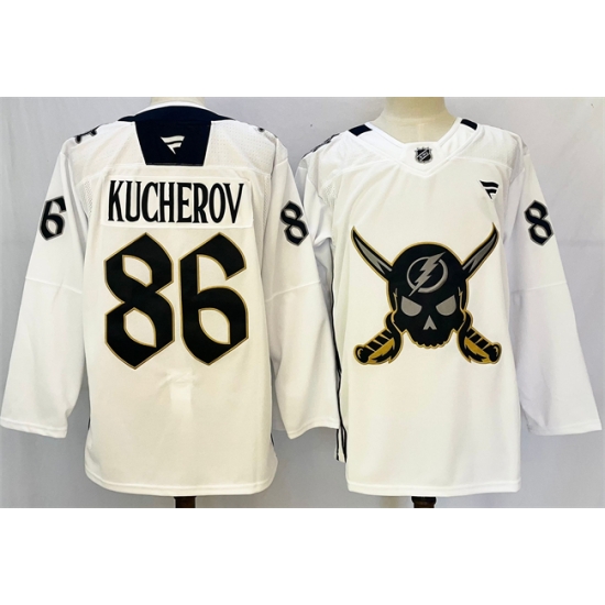 Men Tampa Bay Lightning 86 Nikita Kucherov 2024 25 White Gasparilla Inspired Pirate Themed Warmup Stitched Jersey Men Tampa Bay Lightning 86 Nikita Kucherov 2024 25 White Gasparilla Inspired Pirate Themed Warmup Stitched Jersey