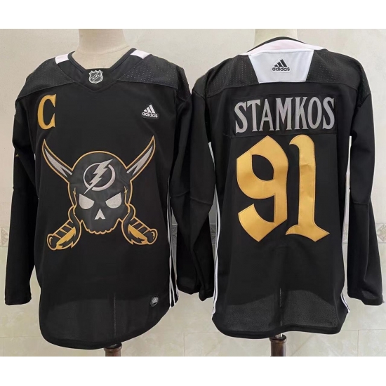 Men's Tampa Bay Lightning #91 Steven Stamkos Black Pirate Themed Warmup Authentic Jersey Men's Tampa Bay Lightning #91 Steven Stamkos Black Pirate Themed Warmup Authentic Jersey
