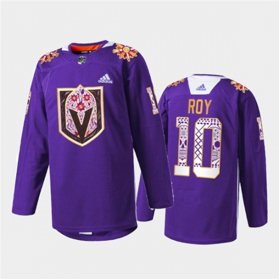 Men Vegas Golden Knights 10 Nicolas Roy Purple Hispanic Heritage Warmup Stitched Jersey Men Vegas Golden Knights 10 Nicolas Roy Purple Hispanic Heritage Warmup Stitched Jersey