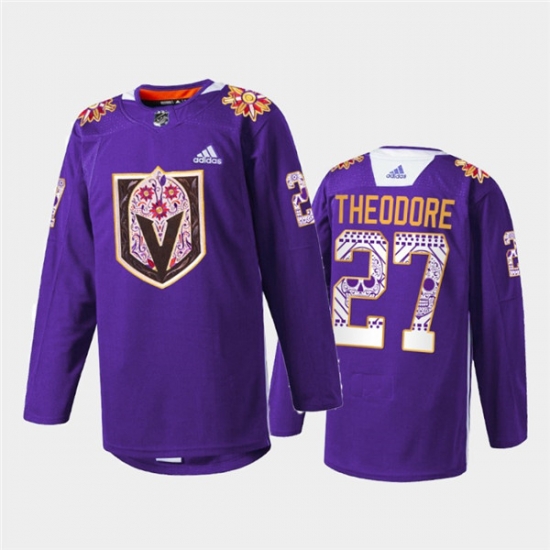 Men Vegas Golden Knights 27 Shea Theodore Purple Hispanic Heritage Warmup Stitched Jersey Men Vegas Golden Knights 27 Shea Theodore Purple Hispanic Heritage Warmup Stitched Jersey