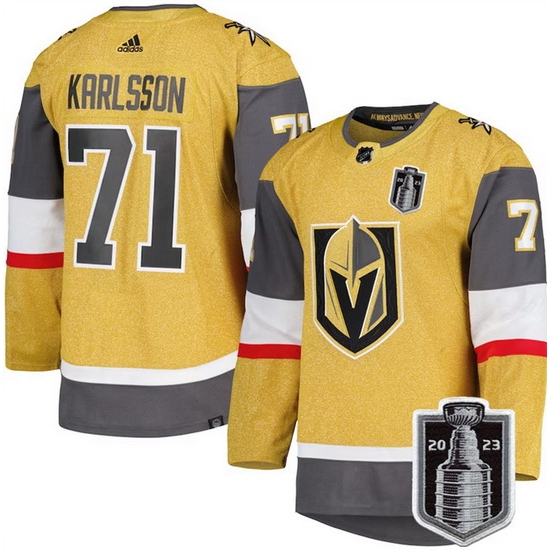 Men Vegas Golden Knights 71 William Karlsson Gold 2023 Stanley Cup Final Stitched Jersey