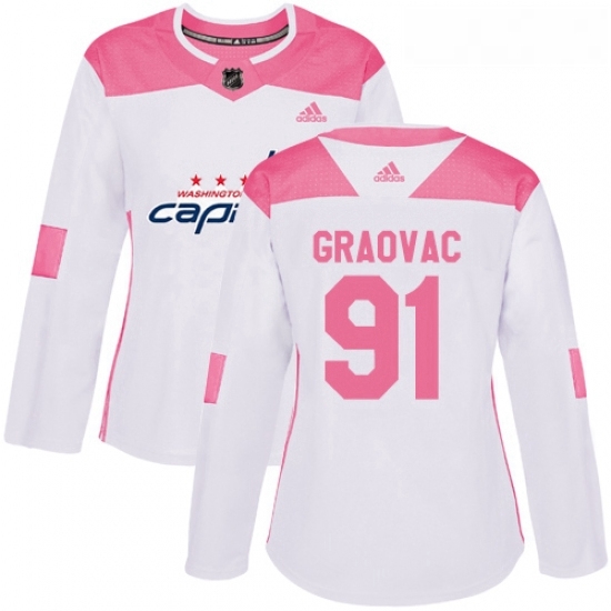 Womens Adidas Washington Capitals 91 Tyler Graovac Authentic WhitePink Fashion NHL Jersey 