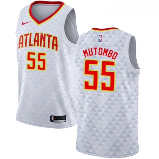 Womens Nike Atlanta Hawks 55 Dikembe Mutombo Swingman White NBA Jersey Association Edition Womens Nike Atlanta Hawks 55 Dikembe Mutombo Swingman White NBA Jersey Association Edition